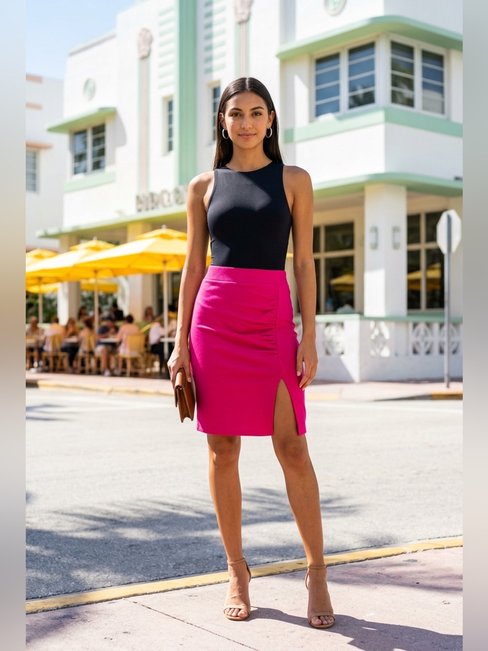 Bobi Black NWT Pink ruched with side slit Skirt.